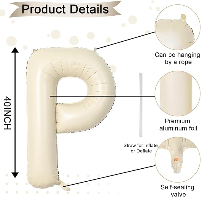 40 Inch Letter Balloons P, Big Custom A-Z Alphabet Foil Name Balloon Cream White, Self Inflating Beige Customize Helium Balloon Letters P for Women Girls Birthday Bride Baby Shower Party Decorations