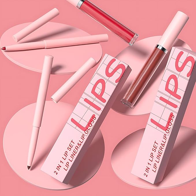 AMY'S DIARY 2pcs Matte Dark Red Lip Liner & Lipstick&Shiny Clear Lip Oil Makeup Set, Liquid Lipstick 24H and Lip Liner Set Matt Liquid Lips Make Up Waterproof Long Lasting (12#, 2 Pcs Set)