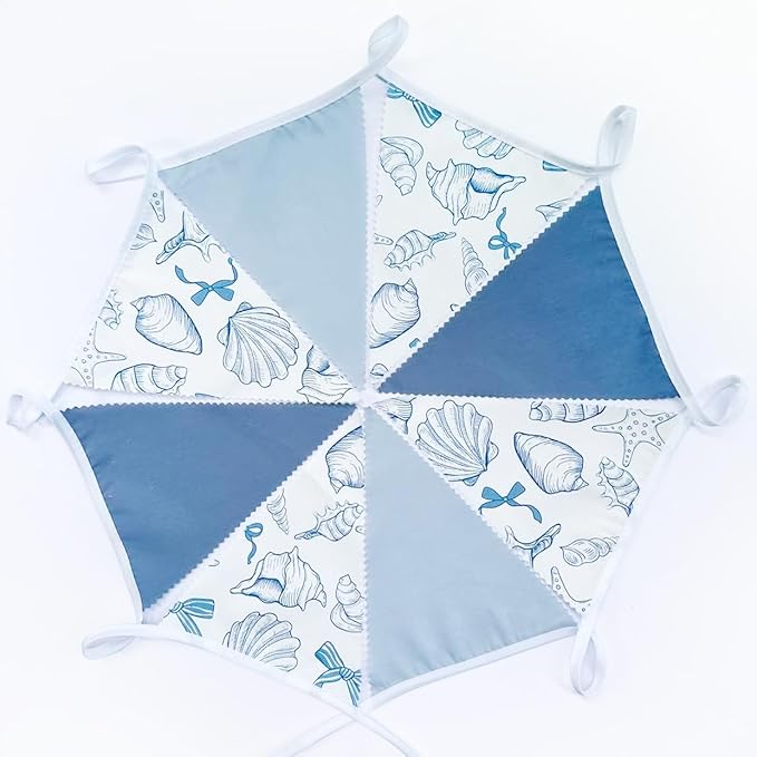 32Ft Ocean Coastal Nautical Beach Party Decorations Blue Bow Starfish Seashell Fabric Pennant Banner Triangle Flag Garland Streamer for Under The Sea Birthday Summer Baby Shower Bachelorette Supplies