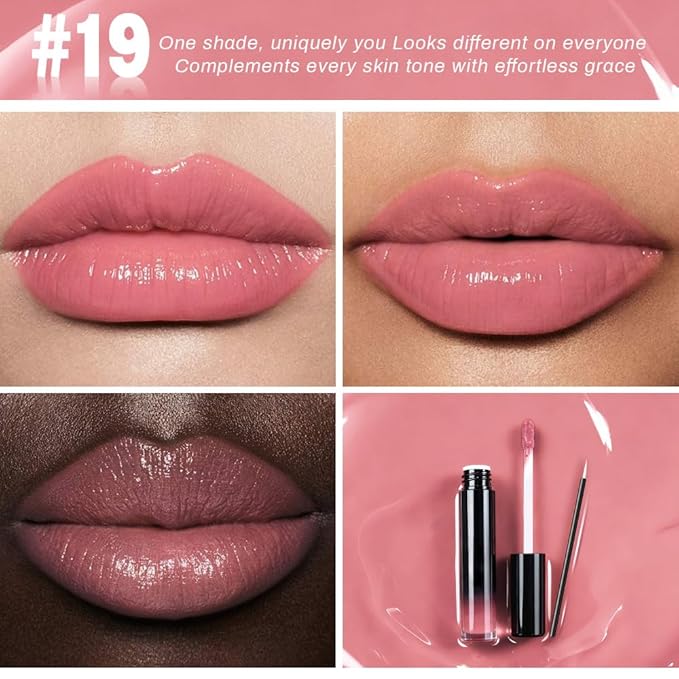 evpct Nude Pink Shiny Longwear No-Budge Liquid Lip Color Lipstick Makeup, Highly Pigmented Color Instant Shine, Waterproof Long Lasting Lipstick for Women, Lip Stain Gloss with Lip Liner Brush, 19#