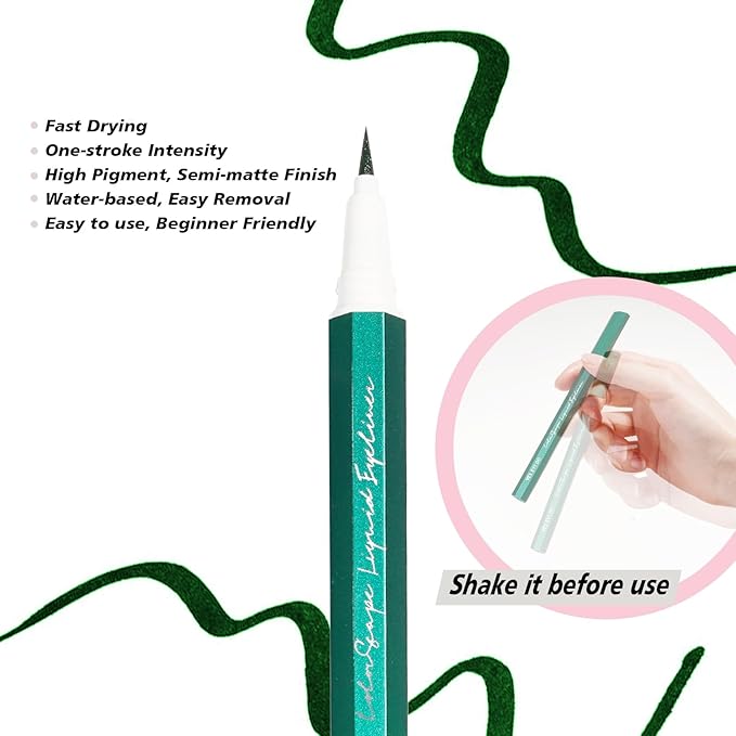 Liquid Eyeliner, Green Eyeliner, Long Lasting & Fast Drying Colored Green Eye Liner Pen, Felt Tip Applicator for Precise Application, Water Removable, (Matcha Mystique)