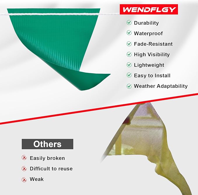 Safety Warning Pennant Banner Flags – Multipurpose OSHA High Visibility Colored Triangle Flags for Roadwork, Party and Hazard Areas(GREEN+WHITE+RED,45Pcs,105FT)