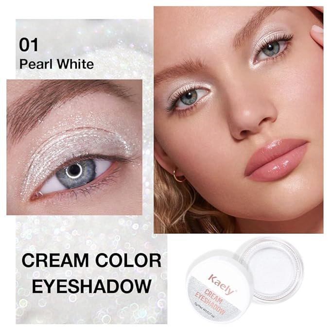 Kaely Single Cream Eyeshadow Pot, Pearl White Sparkle Eye Shadow for Older Women High Pigmented Waterproof, Natural Eyeshadow Palette Makeup Brightener, sombras en crema para ojos, Blendable, 01