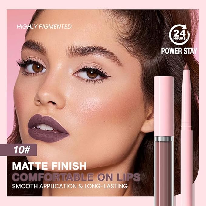 AMY'S DIARY 2pcs Matte Dark Red Lip Liner & Lipstick Makeup Set, Liquid Lipstick 24H and Lip Liner Set Matt Liquid Lips Make Up Waterproof Long Lasting (10#, 2 Pcs Set)