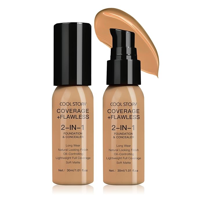 2-in-1 Foundation and Concealer Long Wear Natural Matte Finish Lightweight Coverage (Medium Tan)