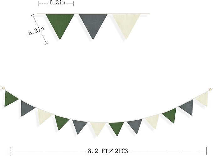2 Sets of Green Grey Beige Nursery Garland 24Pcs Woodland Fabric Linen Pennant Banner Flags Triangle Streamers for Baby Playroom Decor Kids Camping Birthday Baby Shower Jungle Party Decorations