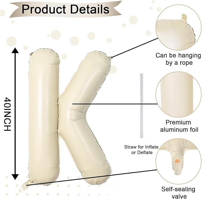 40 Inch Letter Balloons K, Big Custom A-Z Alphabet Foil Name Balloon Cream White, Self Inflating Beige Customize Helium Balloon Letters K for Women Girls Birthday Bride Baby Shower Party Decorations