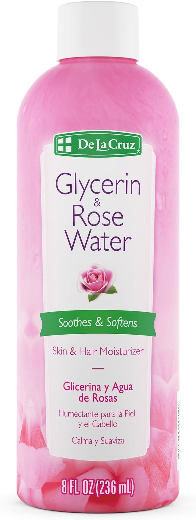 De La Cruz Rose Water and Glycerin for Face - Rosewater Facial Toner and Moisturizer for Skin and Hair 8 fl oz. (236 mL) - 1 Bottle