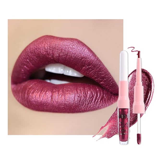 Kaely 2-in-1 Dark Plum Purple Red Metallic Lipstick and Lip Liner Makeup, Shimmer Liquid Metallic Lipsticks for Women, Glitter Lip Gloss Stain Long Lasting Waterproof Smudge Proof 24 Hour, Vegan 26