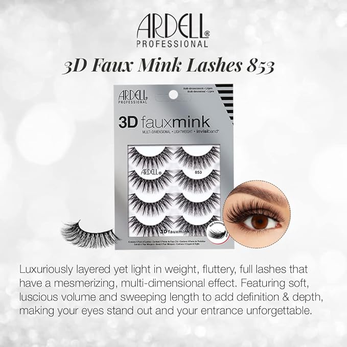 Ardell 3D Faux Mink Lashes 853 - Reusable Wispies Eyelashes with Invisiband for Seamless Volume, 4 Pairs