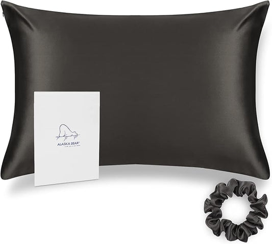 ALASKA BEAR Silk Pillowcase for Hair Care Gentle Mulberry Silk Anti Face Skin Wrinkle Pillow Slip Cover Queen Size with Concealed Zipper (1pc, Charcoal)