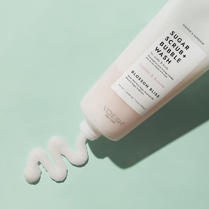 VOESH Sugar Scrub + Bubble Wash, Exfoliating Body Scrub & Body Wash, Blossom Bliss 2 Pack, Scalp Scrub, Scalp Care, Shower Sugar Scrub, Vegan Body Care