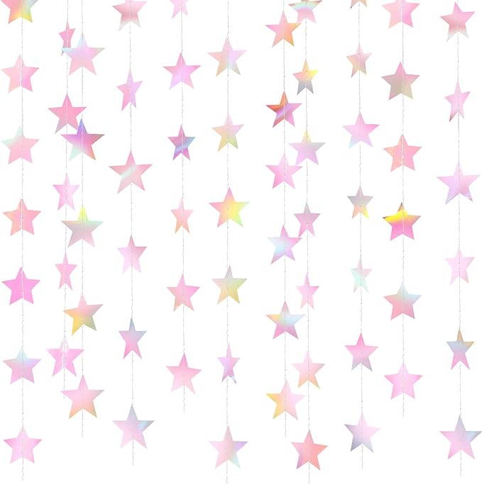 Patelai Glitter Star Garland Banner New Years Decor 130 Feet Star Hanging Banner Twinkle Backdrop for Birthday Classroom Wedding Halloween Christmas Party Supplies(Iridescent Pink)