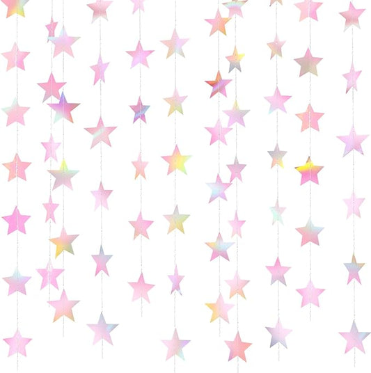 Patelai Glitter Star Garland Banner New Years Decor 130 Feet Star Hanging Banner Twinkle Backdrop for Birthday Classroom Wedding Halloween Christmas Party Supplies(Iridescent Pink)