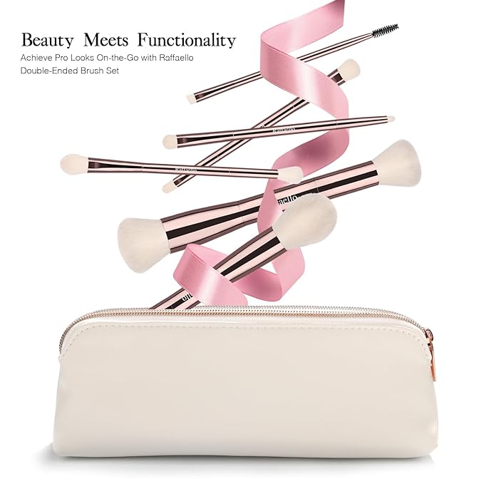 Raffaello 6-in-12 Dual-Ended Makeup Brushes Set, Sustainable Rose Gold Brushes with Recycled Materials, Includes White Faux Leather Pouch, Professional Face & Eye Makeup Kit for Travel and Daily Use