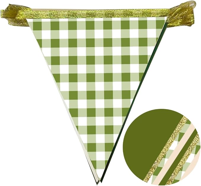 Sage Green Gold Buffalo Plaid Pennant Banner Flag Oilve Green Gold Hanging Glitter Paper Triangle Bunting for Birthday Neutral Baby Shower Wedding Safari Jungle Woodland Party Decorations Supplies