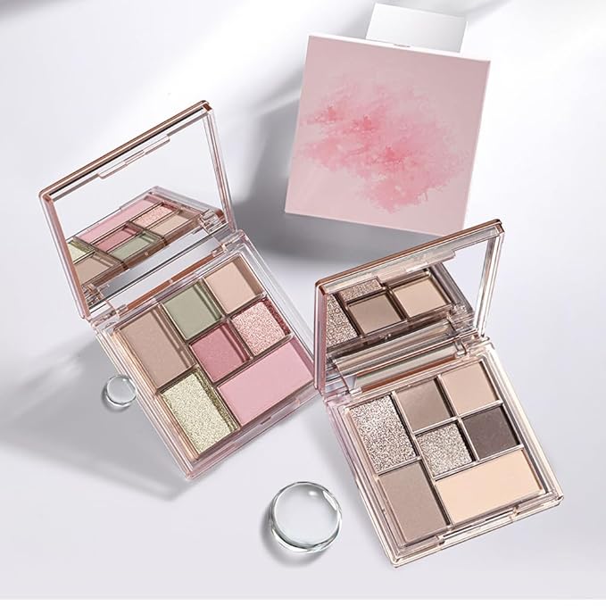 Nude Pink 7Colors Eyeshadow Makeup Palette with Mirror,Green Natural Neutral Eye Shadow Palettes for Older Women,Long Lasting Naturing-Looking,Lightweight,Waterproof,Eye Makeup Kit Travel Size,Vegan