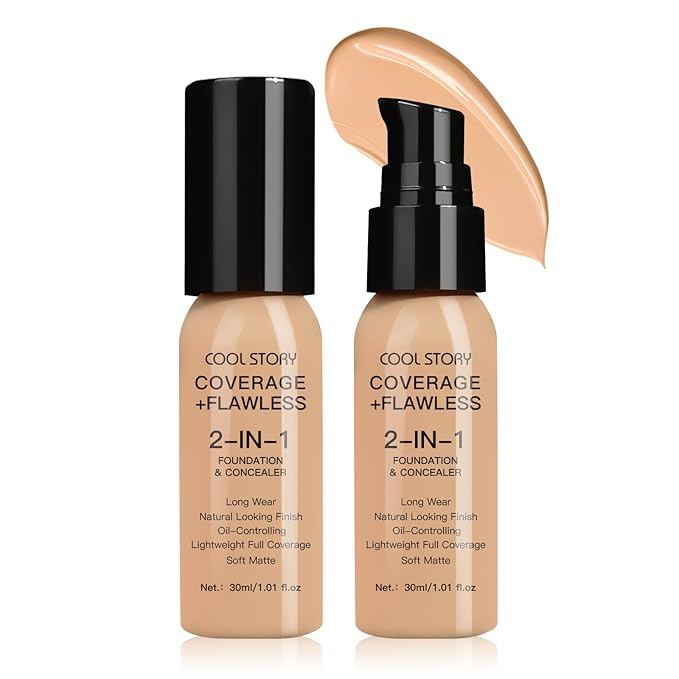 2-in-1 Foundation and Concealer Long Wear Natural Matte Finish Lightweight Coverage (Medium)