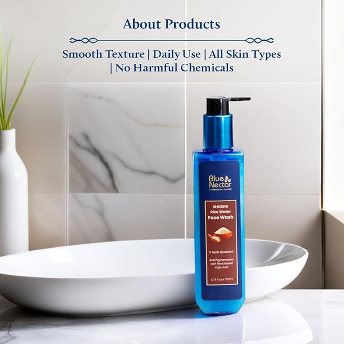 Blue Nectar Rice Water Face Wash with 2% Kojic Acid for Pigmentation | Face Cleanser for Oily, Dry & Sensitive Skin | Face Wash for Women & Men (11 Herbs, 3.4 Fl Oz)