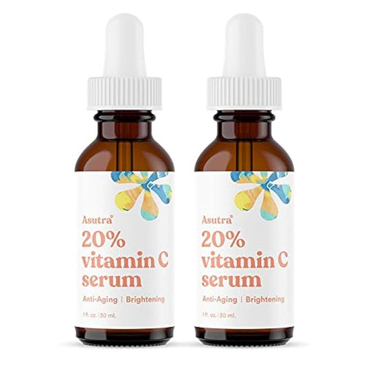 ASUTRA 20% Vitamin C Serum, 1 fl oz (Pack of 2) - Ferulic & Hyaluronic Acid, Vitamin E, Aloe, Jojoba, Brightening Face Serum