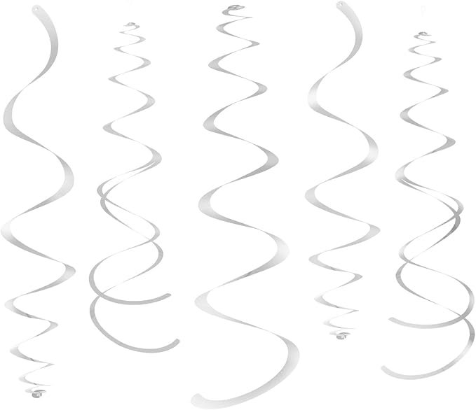 Silver Party Hanging Swirl Decorations Plastic Streamer for Ceiling, Pack of 28