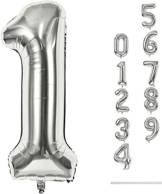 Silver 1 Balloon Number, 40 Inch Giant Helium Foil Number 0-9 for Boys Girls, Self Inflating 1st Birthday Balloon for Women Men 10th Anniversary Baby Shower New Year Wedding Party Decorations Supplies