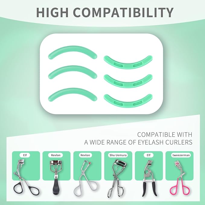 Soft Silicone Rubber Eyelash Curler Refills Compatible with Shiseido, Tweezerman, Revlon, Shu Uemura, Surratt, e.l.f Eyelash Curler for Travel Portable Carry,Cosmetic Accessory,6PCS (Green)
