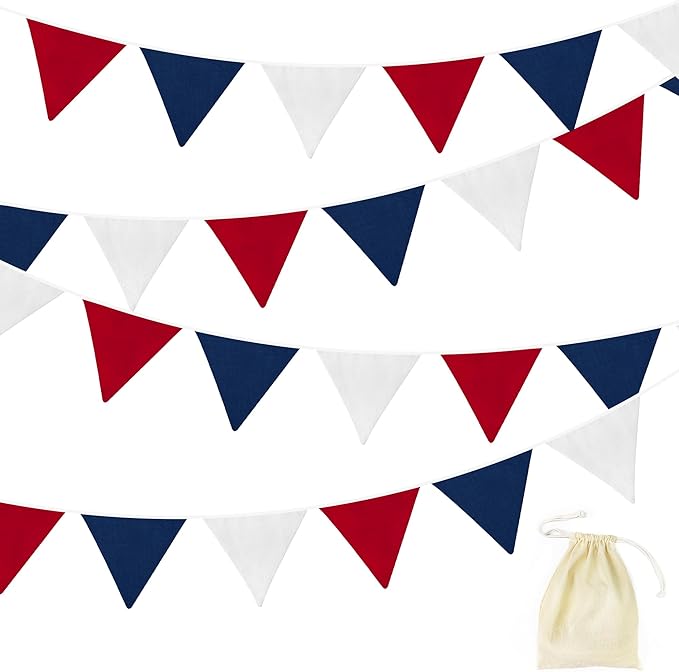 2 Sets of Red Blue White Nursery Garland 24Pcs Patriotic 4th of July Fabric Pennant Banner Flags Triangle Streamers for USA American Independence National Day Birthday Baby Shower Party Decorations