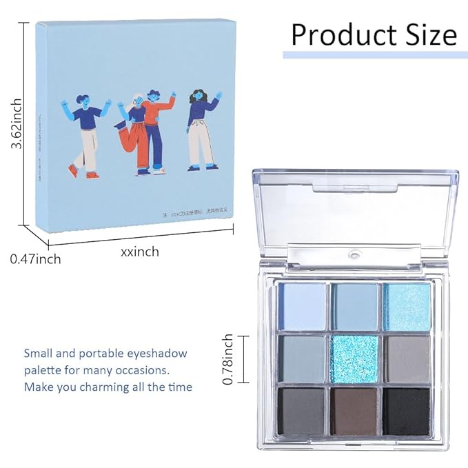 9 Colors Blue Grey Colorful Eyeshadow Palette,Matte Shimmer Navy Blue Sky Blue Grey Eye Shadow Makeup Palettes,Long Lasting Waterproof Eye Makeup Palette