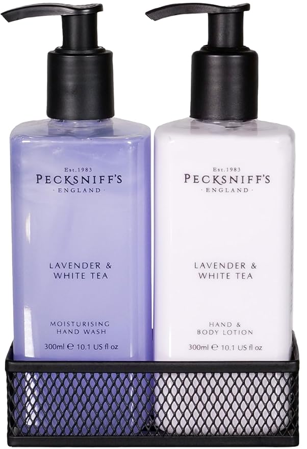 Pecksniff's Handwash Soap and Lotion Set, Stress Reducing, Aromotherapy Cleanser That Leaves Hands Soft and Lightly Scented (Lavender and White Tea, Black Caddy)