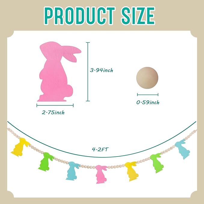 4.2 FT Easter Decorations Garland, Cute Easter Bunny Wood Bead Garland Banner for Fireplace Wall Mantle Home Indoor Outdoor Spring Decor