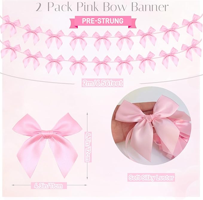 2pcs Pink Bow Garland Banner, Pink Ribbon Bow Party Decorations for Baby Shower Girls Bow Coquette Birthday Party Decor