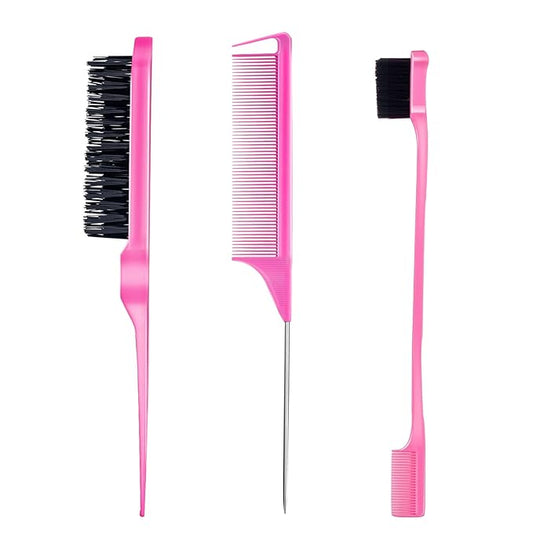 3 Pieces Hair Styling Comb Set Teasing Brush Rat Tail Comb Edge Brush for Edge&Back Brushing, Combing, Slicking Hair for Women (Pink)