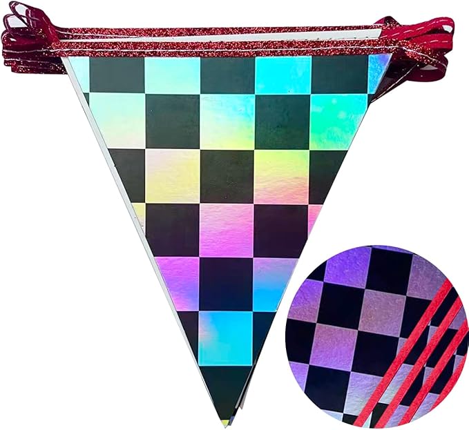 Racing Party Decorations Iridescent Checkered Red Pennant Banner Flag Hanging Paper Triangle Bunting for Kid Boy Men Race Fans Birthday Baby Shower Monster Truck Race Car Party Decorations Supplies