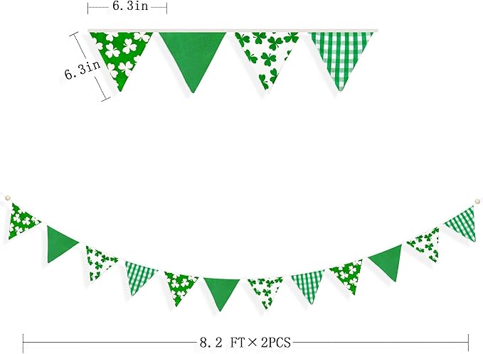 2 Sets of Shamrocks Nursery Garland 20Pcs Green Plaid Clover Pennant Banner Flags Fabric Linen Triangle Streamers for St Patrick's Day Party Decorations Spring Birthday Baby Shower Baby Bedroom Decor