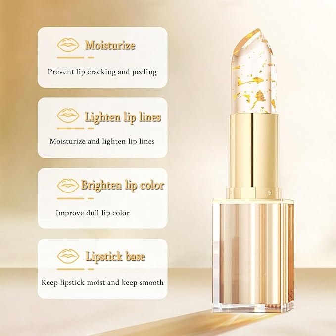 Transferproof Color Changing Lipstick, Gold Crystal Ph Lipstick Color Changing, Clear Lip stick That Changes Color, Hydrating Non-Sticky for Women,Vivid Color, Long Lasting Moisturizing Lip Glow