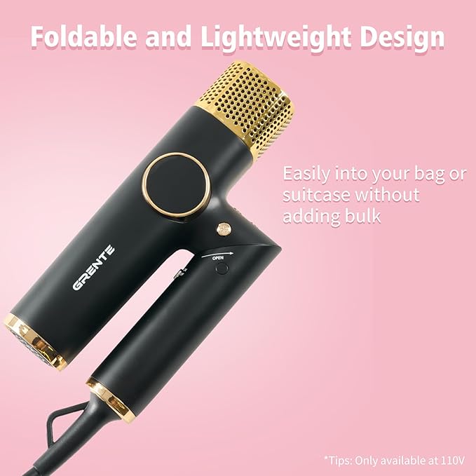 Portable Hair Dryer, 110,000 RPM Diffuser Hair Dryer, 400M Negative Ion, 6.5ft Cord, 4 Heat Settings & 3 Speed, Ionic Hairdryer with Concentrator Nozzle Diffuser for Curly Hair, for Women Men, Black