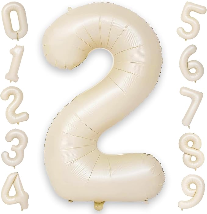 40 Inch Balloon Number 2 Beige, Large Foil Cream Number Balloons Set 0-9 for Men Women, Self Inflating Digital 2 Helium Balloons for Boys Girls 2nd Birthday Anniversary Baby Shower Party Decorations
