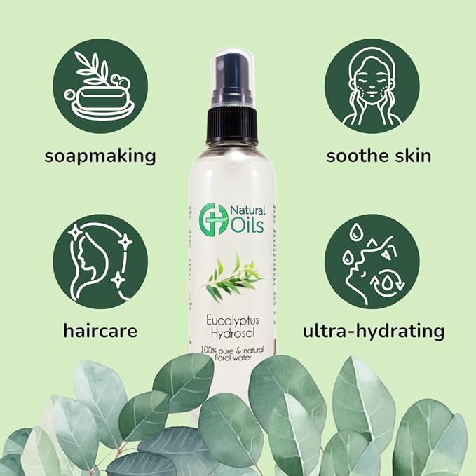 Eucalyptus Hydrosol (Floral Water) - 4 fl oz Plastic Bottle w/Black Spray Cap - 100% Natural - GreenHealth