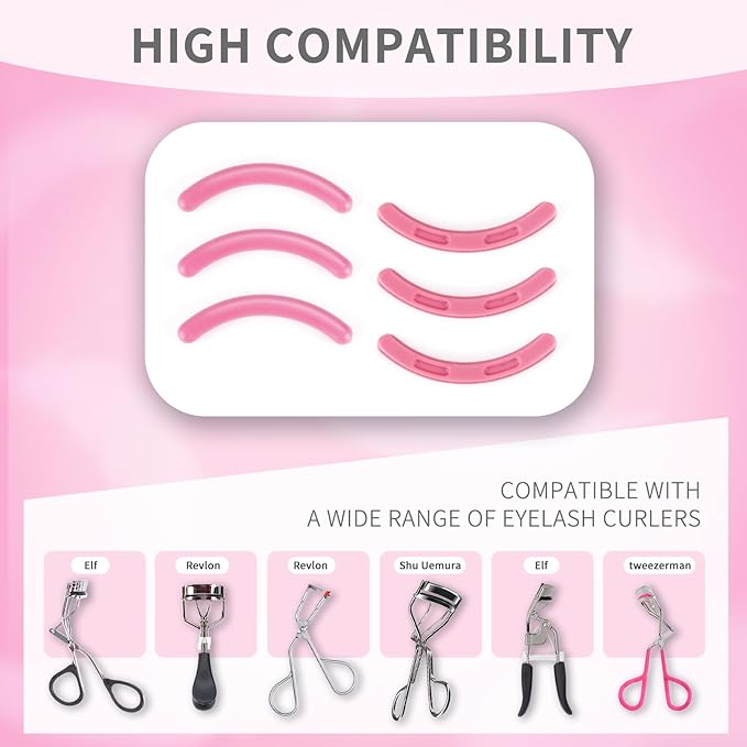 Soft Silicone Rubber Eyelash Curler Refills Compatible with Shiseido, Tweezerman, Revlon, Shu Uemura, Surratt, e.l.f Eyelash Curler for Travel Portable Carry,Cosmetic Accessory,6PCS (Pink)