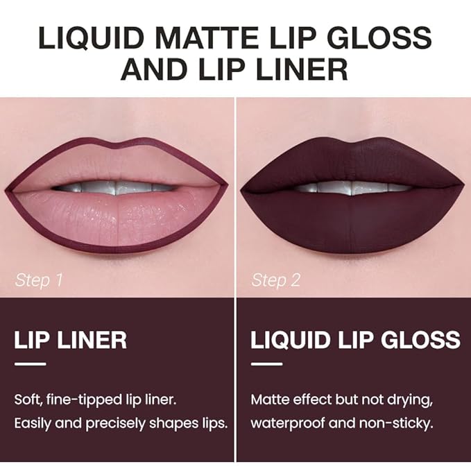 AMY'S DIARY 2pcs Matte Dark Red Lip Liner & Lipstick Makeup Set, Liquid Lipstick 24H and Lip Liner Set Matt Liquid Lips Make Up Waterproof Long Lasting (11#, 2 Pcs Set)