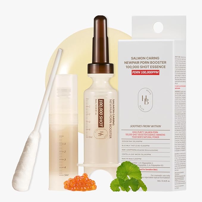 HEVEBLUE Salmon Caring Centella New Pair PDRN Booster 100,000 Shot Essence (1ea) - Salmon PDRN, Restore and Rejuvenate, Refine Skin Texture, Low Irritation, Korean Skincare, K-Beauty