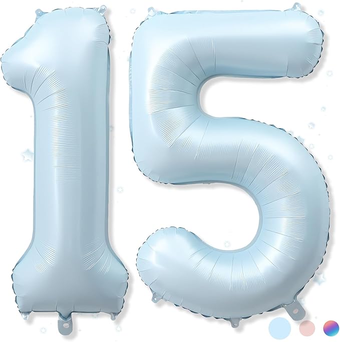 15th Birthday Balloons for Boys, 40'' Foil Self Inflating Light Baby Matte Blue Number 15 Balloon, Pastel Sky Blue Large Helium Mylar 15 Balloon Number for Birthday Party Decor Anniversary Decorations