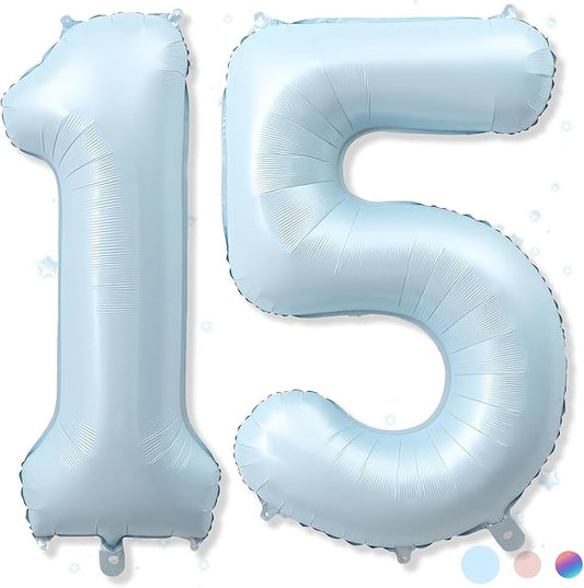 15th Birthday Balloons for Boys, 40'' Foil Self Inflating Light Baby Matte Blue Number 15 Balloon, Pastel Sky Blue Large Helium Mylar 15 Balloon Number for Birthday Party Decor Anniversary Decorations