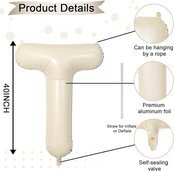 40 Inch Letter Balloons T, Big Custom A-Z Alphabet Foil Name Balloon Cream White, Self Inflating Beige Customize Helium Balloon Letters T for Women Girls Birthday Bride Baby Shower Party Decorations