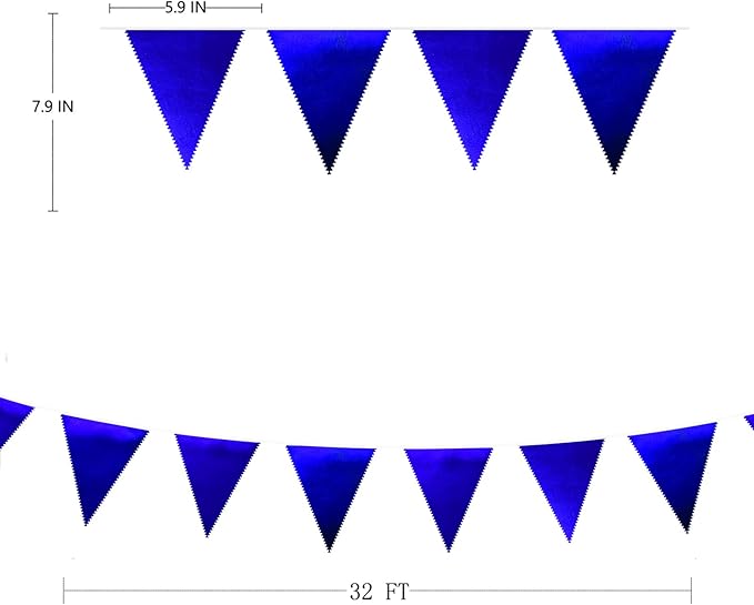 Royal Blue Triangle Pennant Banner Flag - Dark Blue Metallic Fabric Bunting Garland for Graduation, Wedding, Retirement, Bridal Shower, Birthday, Nautical Parties