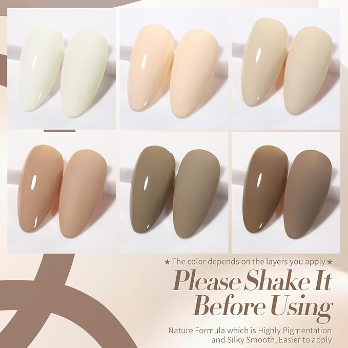 BORN PRETTY Nude Gel Nail Polish,Cream Beige White,Nude,Khaki,Brown,Chocolate Neutral Skin Tone Gel Polish Kit Soak Off Nail Art Manicure DIY Design Collection for Home and Salon