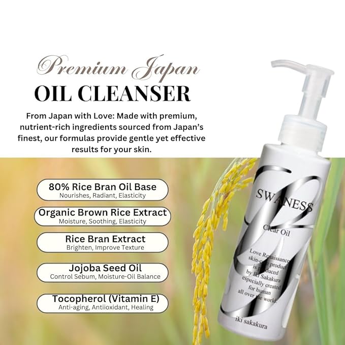 SWANESS Clear Oil, Japanese Premium Skincare Oil Cleanser – Anti-Aging Makeup Remover & Massage with Rice Power for Deep Pore Cleansing, Waterproof Mascara, Sunscreen & Radiant Skin