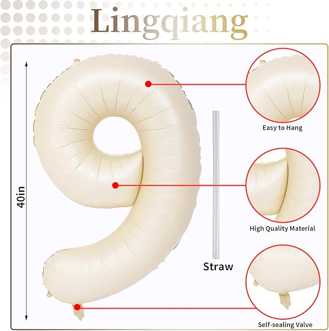 40 Inch Balloon Number 9 Beige, Large Cream Foil Number Balloons Set 0-9, Nude Neutral Digital 9 Helium Balloons for Girls Boys Men Women 9th Birthday Anniversary Graduation Christmas Party Decoration