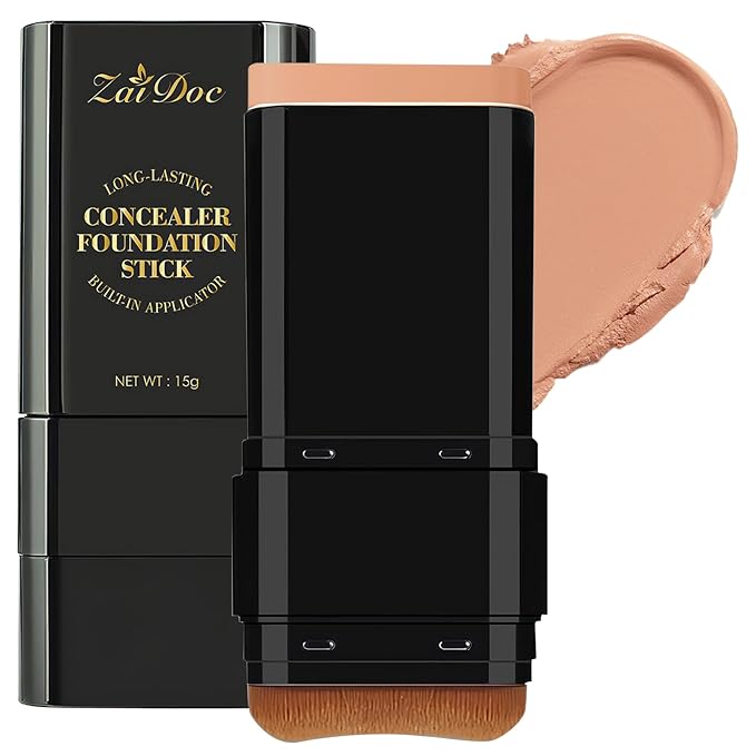 Concealer Foundation Stick, 2-in-1 Long-Lasting Foundation and Concealer with Brush, Creamy Full Coverage for Dark Circles & Blemishes, Hydrating Olive & Camellia, 2.09 Oz (05#)